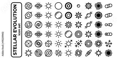 Stellar Evolution Bold Line Icons-Stellar Nebula Protostar Main Sequence Red Giant Planetary Nebula White Dwarf Supernova Pulsar-20 Stellar Evolution Icon Set Vector - Star Lifecycle Icons