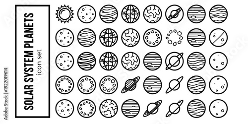 Solar System Planets Bold Line Icons-Sun Mercury Venus Earth Mars Asteroid Belt Jupiter Saturn Uranus Neptune Pluto-25 Solar System Icon Set Vector - Planet Icons