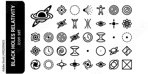 Black Holes Relativistic Phenomena Bold Line Icons-Accretion Disk Event Horizon Hawking Radiation Spaghettification Gravitational Wave Wormhole-20 Black Holes Icon Set Vector - Relativity Icons