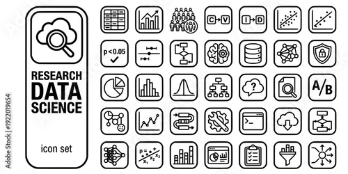 Research Data Science Bold Line Icons-Dataset Statistical Graph Sample Population Control Variable Correlation Regression P-Value-25 Research Icon Set Vector - Data Science Icons