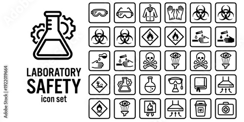 Laboratory Safety Bold Line Icons-Safety Goggles Lab Coat Gloves Biohazard Flammable Corrosive Toxic Eye Wash Fume Hood-20 Lab Safety Icon Set Vector - Safety Icons