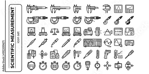 Scientific Measurement Instruments Bold Line Icons-Vernier Caliper Micrometer Analytical Balance Pipette Spectrophotometer Oscilloscope pH Meter-25 Measurement Icon Set Vector - Instrument Icons