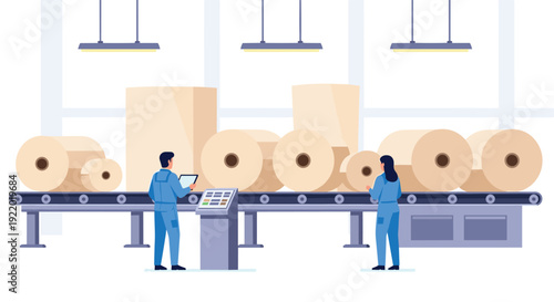 Two factory workers in uniforms inspect large paper rolls moving on a conveyor belt, with more paper rolls stacked in the industrial setting.