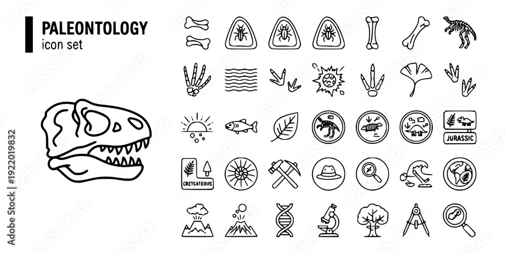 Obraz premium Paleontology Bold Line Icons-Dinosaur Fossil Amber Stratigraphic Layers Radiometric Dating Trace Fossil Mass Extinction Living Fossil-20 Paleontology Icon Set Vector - Fossil Science Icons