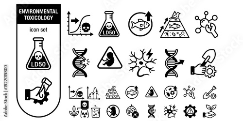 Environmental Toxicology Bold Line Icons-Dose Response LD50 Bioaccumulation Biomagnification Endocrine Disruptor Carcinogen Teratogen Neurotoxin-20 Toxicology Icon Set Vector - Environmental Science I