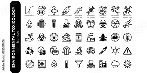 Environmental Toxicology Bold Line Icons-Dose Response LD50 Bioaccumulation Biomagnification Endocrine Disruptor Carcinogen Teratogen Neurotoxin-20 Toxicology Icon Set Vector - Environmental Science I