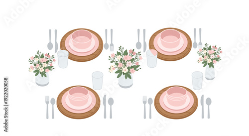 An aerial view shows a dining table beautifully set with four place settings, featuring pink bowls, wooden chargers, and flower bouquets.