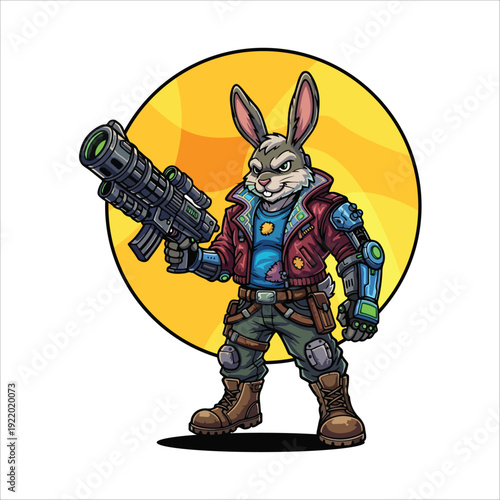 Cyberpunk Rabbit Warrior with Futuristic Blaster Gun Vector Illustration