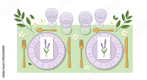 A beautifully set table for two features lavender plates, elegant gold cutlery, ornate crystal glasses, and napkins with lavender sprigs.