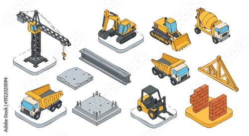 Isometric Construction Vehicles and Building Materials Set