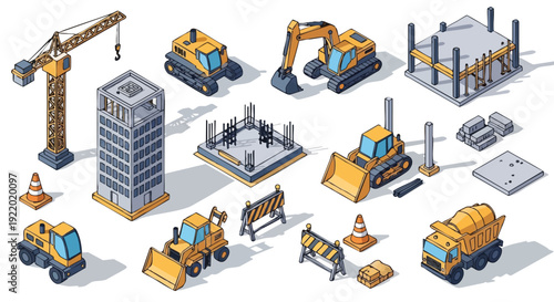 Isometric Construction Site Elements Set. Heavy Machinery, Building Foundations, and Safety Equipment for Engineering and Urban Development Projects.