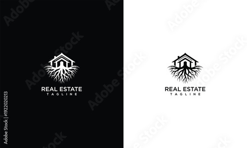 Real Estate Logo with House and Roots  Property Home Growth Foundation Business Design.