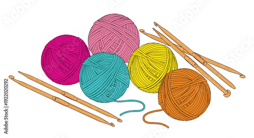 A colorful collection of yarn balls in pink, turquoise, yellow, and orange are arranged with multiple long wooden knitting needles and crochet hooks on a simple white background.