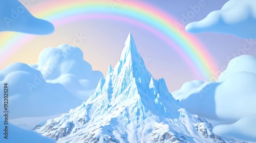Snowy Mountain Peak with Rainbow and Clouds.