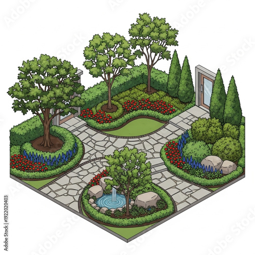 Serene garden landscape with stone pathway and water feature.