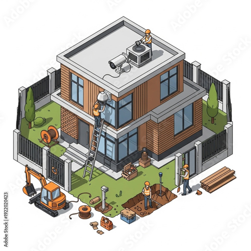 Isometric illustration of a modern house under construction with workers and machinery.