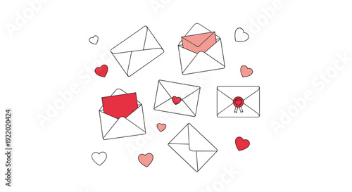 A scattered arrangement of outlined envelopes and small hearts on a white background, some open revealing red letters, others sealed or closed.