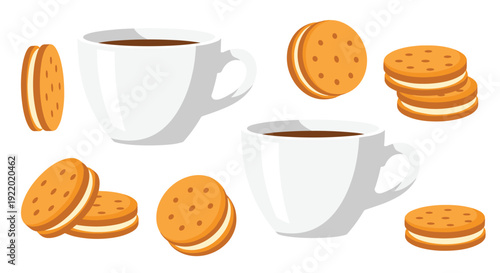 A scattered collection of white coffee cups filled with beverage and round cream sandwich cookies, isolated on a clean white background.