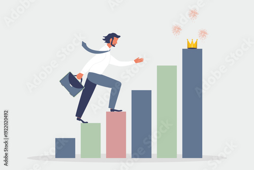 Businessman with briefcase in hands goes to goal in columns, increasing motivation, the path to achieving the goal.At finish line prize golden crown - symbol of power, success, wealth and money.Vector