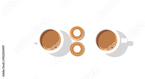 Two white coffee cups and two ring-shaped biscuits are arranged from a top-down view, casting shadows on a pristine white surface.