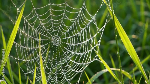 Spider Web with Dew Drops in Grass.