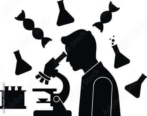 Solid black silhouette of a man looking a microscope, scientist or  researcher working in a lab, isolated on a white background.