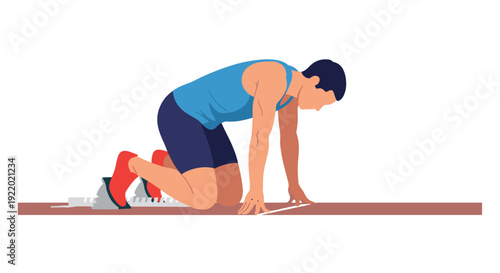 A male athlete in a blue tank top and dark shorts positioned in starting blocks on a track, ready to begin a race.