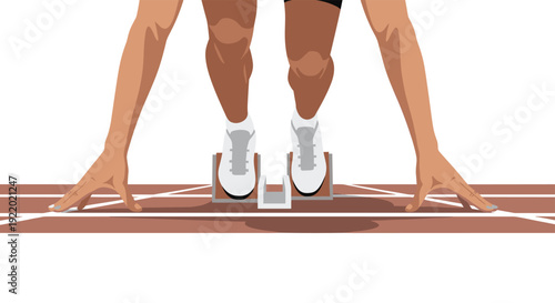 A close-up, low-angle view of a runner's legs and feet firmly placed in white starting blocks on a red track with clear lane markings.