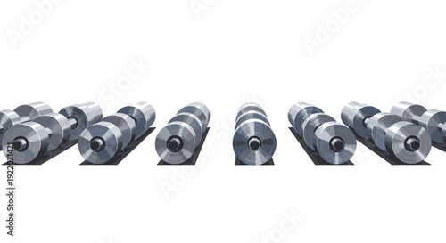 Multiple rows of identical metallic dumbbells or weights with shiny surfaces are neatly arranged side by side on a clean white surface.