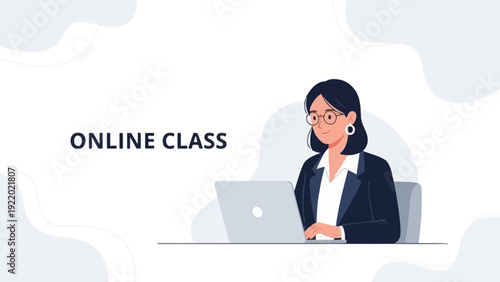 Woman learning online class on laptop with glasses and suit, digital education concept