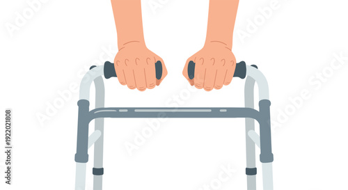 A person's hands are firmly gripping the handles of a grey medical walker, providing support for walking, depicted against a clean white background.