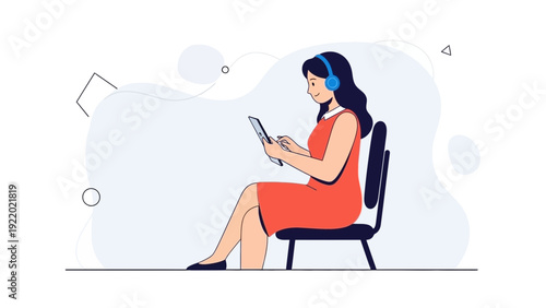 Woman Listening Music on Headphones with Tablet