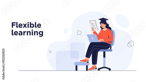 Student Studying Online With Laptop and Graduation Cap, Flexible Learning Concept