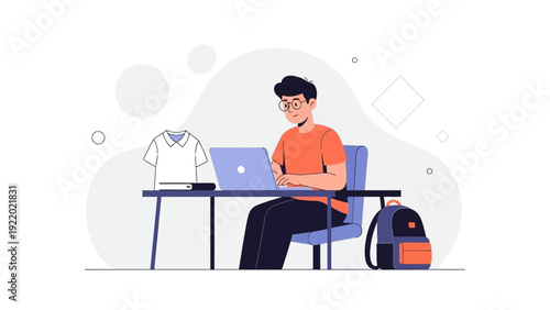 Student studying online with laptop, backpack and uniform shirt at desk