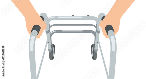 A person's hands firmly grip the handles of a grey medical walker with wheels, captured from a front perspective against a clean white background.
