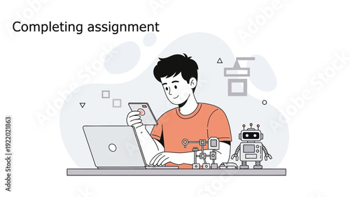 Student using smartphone and laptop for assignment with robot model