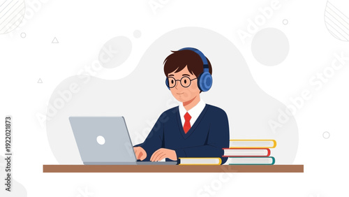 Student with headphones learning online on laptop with books on desk