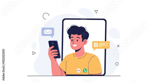 Man Video Calling on Smartphone with Chat Bubbles and Tablet Interface