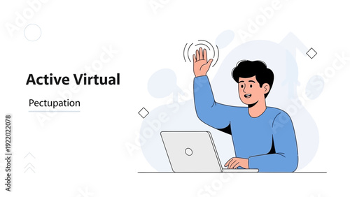 Man Waving Hand at Laptop Screen, Active Virtual Participation