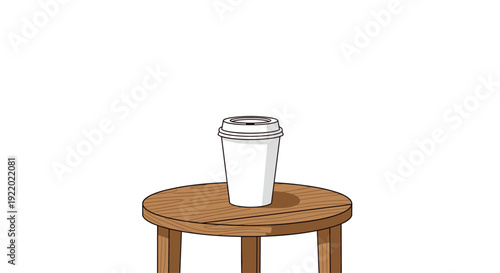 A white disposable coffee cup with a lid is positioned on a small, round wooden table, depicted against a clean white background.