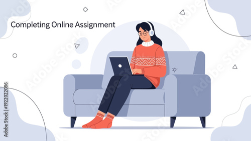 Woman Completing Online Assignment With Laptop and Headphones on Sofa