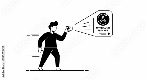 Person holding mobile phone scanning attendance tracker app concept illustration