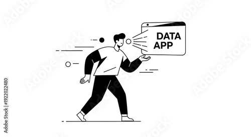 Man showcasing a window labeled data app, presenting information and insights