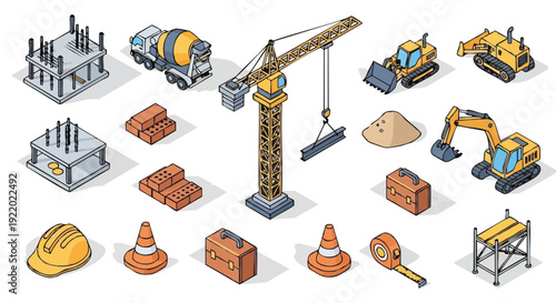 Isometric Construction Site Elements Set: Heavy Machinery, Building Materials & Tools for Architecture, Engineering & Development Projects