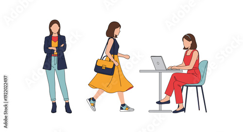 Three distinct women are depicted: one standing with crossed arms, another walking with a shoulder bag, and a third working on a laptop at a table.