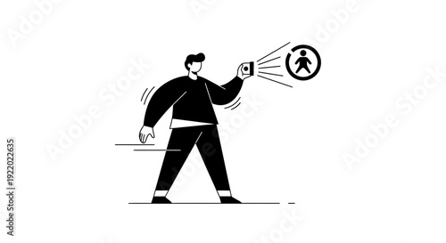 Person holding smartphone capturing image of person icon in spotlight