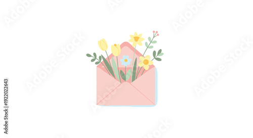 A charming light pink open envelope holds a delightful assortment of fresh spring flowers and vibrant green leaves on a pristine white surface.