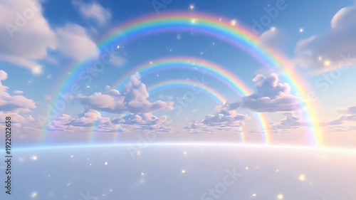 Vibrant Rainbow Arching Over Cloudy Sky Landscape.