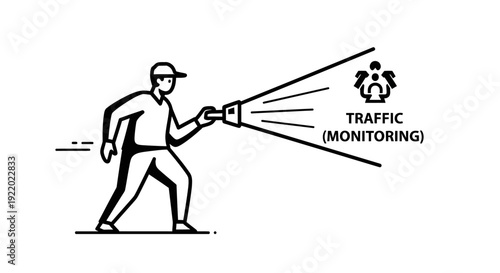 Person holding flashlight illuminating traffic monitoring icons, concept illustration
