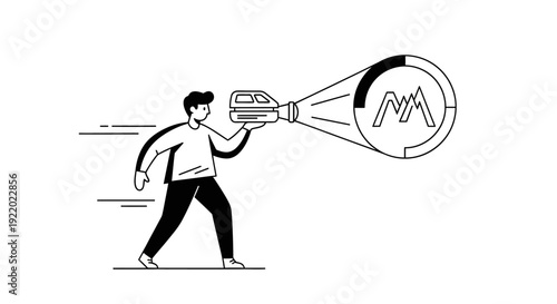 Person holding a flashlight projecting a circular abstract design with a mountain symbol
